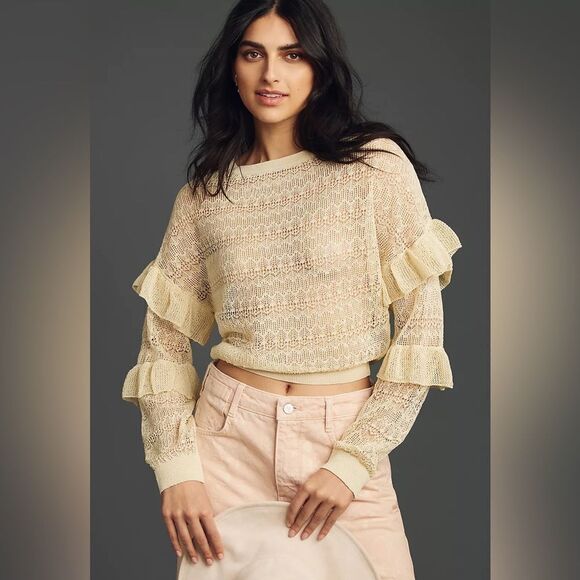 Anthropologie Sheer Open Stitch Ruffle Sweater NWT - Picture 1 of 8
